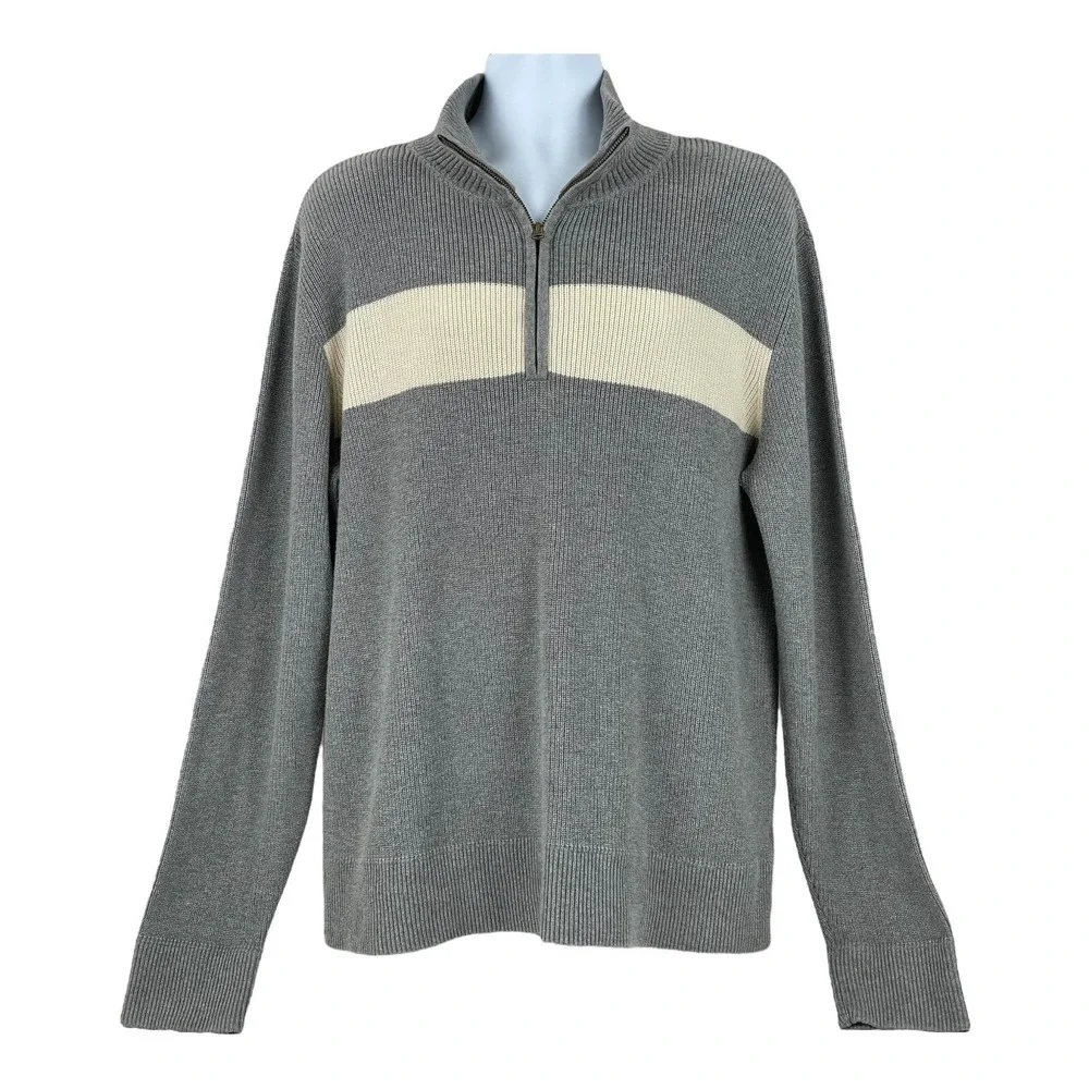 VTG POLO JEANS CO Ralph Lauren Sweater Mens 2XL Qtr Zip 100% Cotton Gray Cream